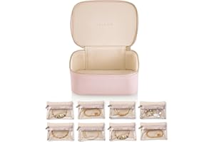 Vlando Portagioie da viaggio, moderno con 8 sacchetti per gioielli, da viaggio, in pelle, sacchetto di velluto trasparente, idea regalo per donne, ragazze, rosa