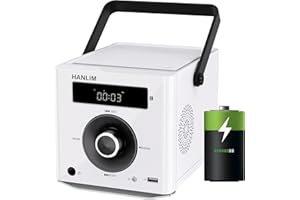 HANLIM CD Player Tragbar mit Bluetooth, UKW Radio, 2000mAh wiederaufladbare Akku, MP3-Wiedergabe/USB/AUX-Eingang/Kopfhöreranschluss/Fernbedienung, 10W Lautsprecher, kompakter Tragbarer CD-Player, Weiß