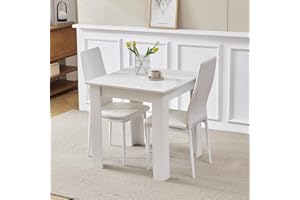Kamorry Dining Table and 2 Chairs,3 Piece Dining Room Set, Wood Kitchen Table with High Gloss Top and 2 Upholstered Chairs for Small Spaces, Apartment (White Table, Leather White Chair)