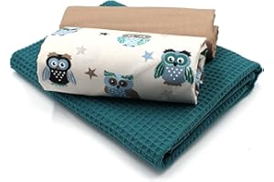 VmG-Store Waffelpique + Baumwollstoff Set farblich abgestimmt Waffel Stoff 100% Baumwollstoff Tex Standard 100 (Eulen Set 36)