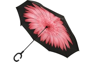 A2Z Women's Double Layer Inverted Umbrella Reverse Open Folding Umbrellas 46" Canopy C Handle Invisible Water Repellent Coating Dual Layers Brolly Solid Black Outer Flower Print Inner Stick Umbrella