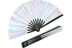 leruiyezs Rave Fächer Glitzer Holografisch Groß Faltbar Mit Lautem Klappgeräusch In Silber, Festival Fächer Für Tanz, Party, Club, Sommer, Bühnenauftritt Und Showeffekte Für Damen Und Herren