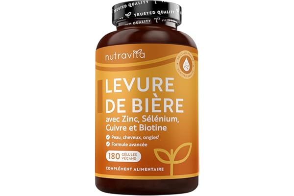 Nutravita Levure de Bière avec Zinc, Selenium, Cuivre et Biotine - 180 Gélules Végétales - Levure de Biere Cheveux, Peau et Ongles - Maintien d'un Système Immunitaire Normal