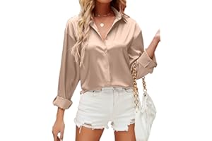 HANERDUN Chemisier pour Femmes Manches Longues Chemise à col en V La Soie Élégante Casual Tops Chemisier uni de Travail à Boutons sur Le Devant Top de Soirée Business
