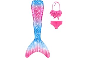 DNFUN Coda di Sirena con Bikini per Bambina,3pz, No Pinna,Costumi da Bagno Sirena
