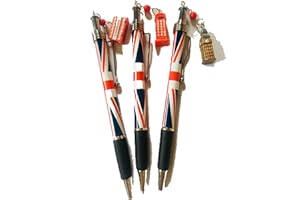 SOUVENIR Un lot de 3 magnifiques stylos à breloques emblématiques de Londres avec fermoir en argent et corps Union Jack