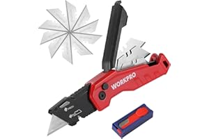 WORKPRO Nóż do Dywanów z Aluminium, Składany Nóż Uniwersalny z Szybką Wymianą Ostrza i Klipsem do Paska, z 13 Dodatkowymi Ostrzami, Czerwony