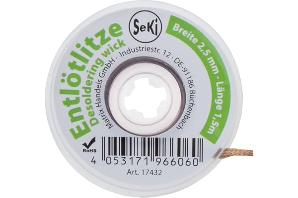 SeKi Desoldering sug 2,5 mm – för borttagning av lödtenn 1,5 meter lång; hög sugprestanda; mjukningslits; surglitter