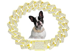 YOUALSO Gold Dog Collar, Bling Diamond Cuban Link Dog Chain Glitter Chain Rhinestone Dog Necklace For Small Medium Large Pet Dogs, 12-Inch