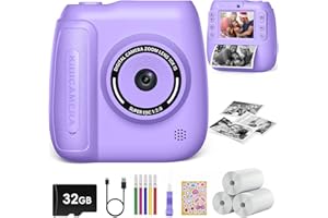 Hangrui Sofortbildkamera Kinder, 2,4 Zoll Kinderkamera Sofortbildkamera mit 32G Karte & Druckpapier, 1080P Kamera Kinder Sofortdruck, Kinderspielzeug Geschenk für 3-12 Jungen und Mädchen-Lila