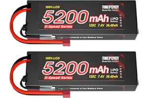 EMEPOVGY Lot de 2 batteries Lipo RC 2S - 7,4 V - 5200 mAh - 120 C - Boîtier rigide avec connecteur Deans T - Pour voiture, bateau, camion, hélicoptère