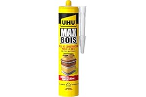 UHU Bois Max express- Colle à bois SMP, extrèmement forte et rapide, résistante à l'eau, D4, sans solvant, blanc, cartouche 380