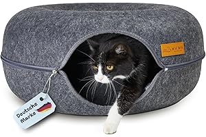 PISI BILI Katzentunnel rund aus Filz mit flauschigem waschbarem Kissen Katzenhöhle & Katzenbett flauschig Donut Katzenkörbchen als gemütlicher Schlafplatz für Katzen 50x50x24 Anthrazit