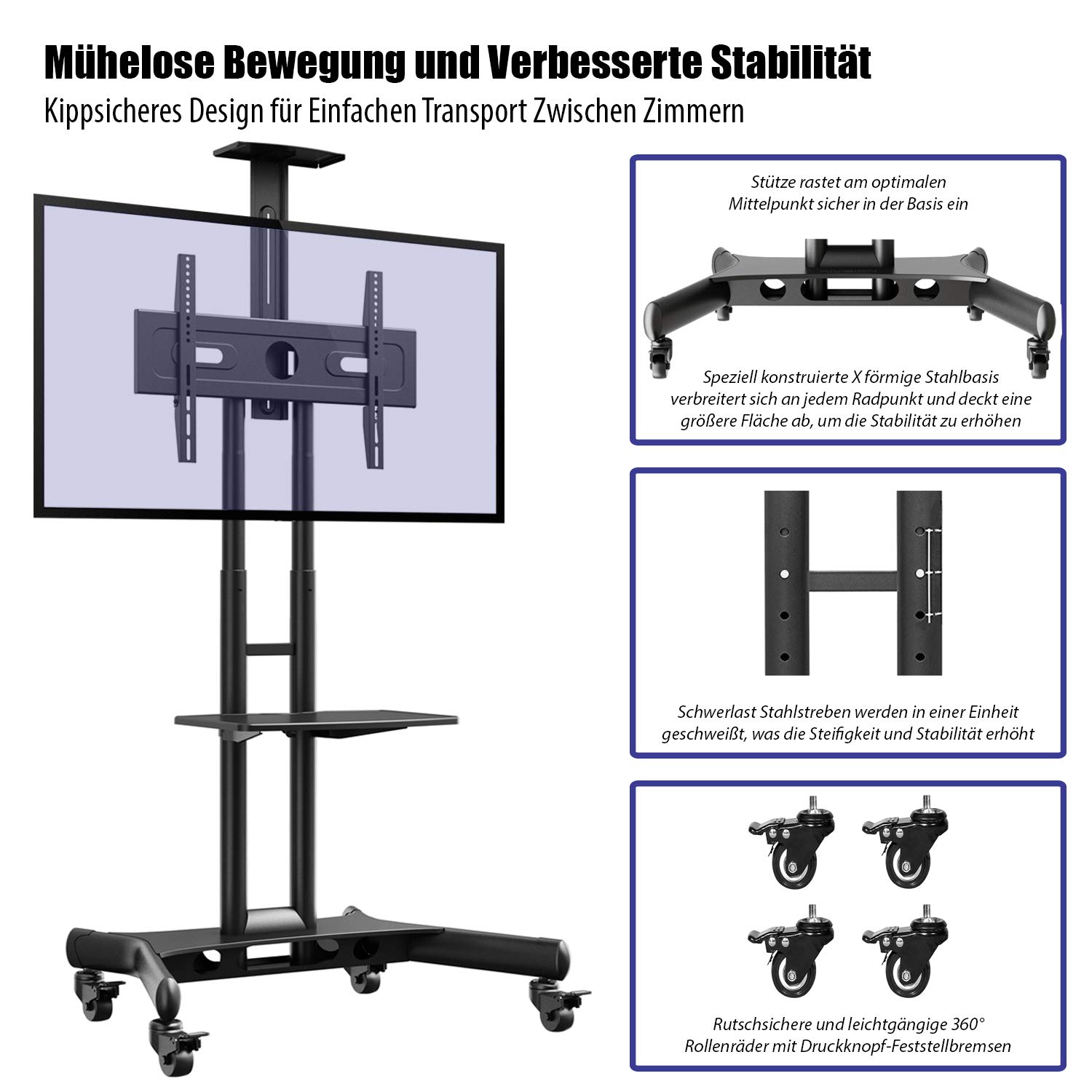 Invision TV Ständer Rollbar, TV Rollwagen, TV Ständer Mit Rollen