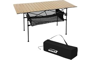 Hauki Table de Camping Pliante 118x55x64,5 cm, Plateau de Table Beige en Aluminium Aspect Bois Clair, avec Sac de Transport, Table d'Extérieure avec Poche Rétractable, Table Roulante de Jardin Voyage