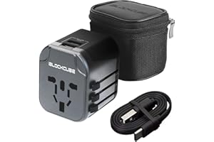 iBlockCube Worldwide Travel Plug Adapter with 2 USB 2.4A Charging Ports | International Universal AC Socket, Dual Safety Fuse, Chip Protector for US UK EU AU Mobile Phone Tablet Laptop Gadget (Grey)