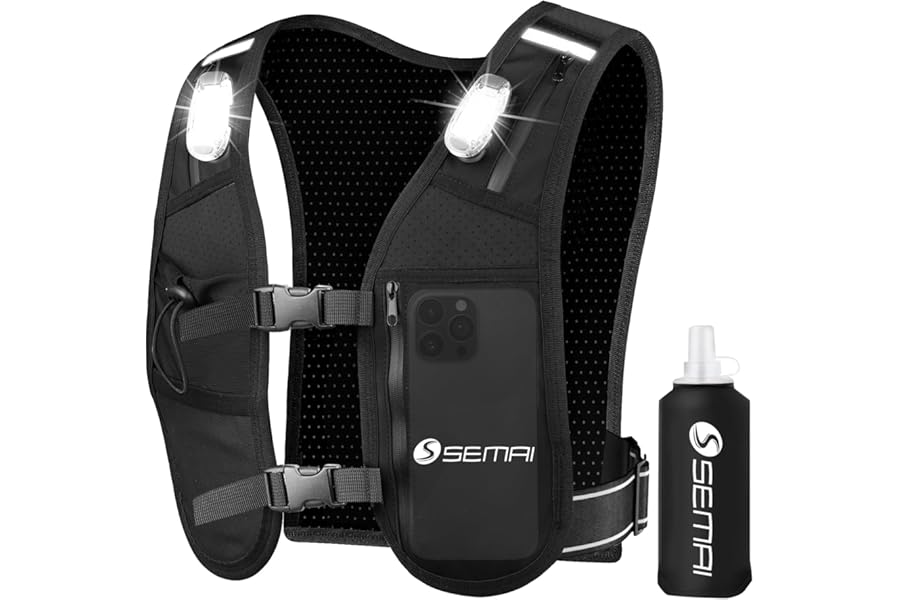 semai LED Running Vest Women & Mens Reflective Vest, Adjustable Chest Straps Running Hydration Vest with 500ml Water Bottle, 6 Pockets With Phone Holder & Storage for Marathon, Night Running, Cycling
