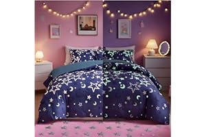 LOUSSIESD Copripiumino per ragazze e bambini, a motivo fluorescente galassia, set di biancheria da letto per letto singolo, colore viola, super morbido, spazio, stelle, luna