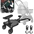 Vihir Universal Buggy Board with Seat, Kiddy Board, Pram Accessory for Children from 2-6 Years (25 kg), Compatible with Almost Every Stroller and Pram, Black, with 2 pram Hooks