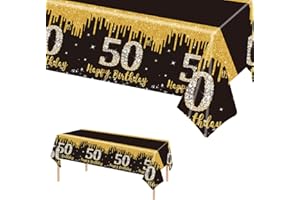 POPOYU 137 x 274 cm, Tovaglia Nera e Oro, Compleanno, Tovaglia Rettangolare in Plastica per Decorazioni per Feste per il 50° Compleanno