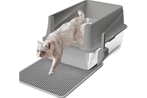 ERFEI Stainless Steel Cat Litter Box XL Enclosed Litter Tray with Lid for Big Cats, High Sided Anti-Leak Non-Stick Bottom, Easy Clean Covered Cat Toilet with Metal Scoop & Litter Mat, Pink White Grey