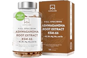 AAVALABS Ashwagandha KSM 66-1000mg (Highly Concentrated 10:1 Extract Ratio Equivalent to 10,000mg Per Serving) of which 5% Withanolides -w/Vitamin B6, B1, Zinc, Magnesium & Manganese-120 Ashwagandha Capsules