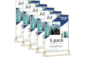OSIMIG 5 Stück A4 Tischaufsteller Gold, Doppelseitig Acryl Werbeaufsteller T-Ständer Aufsteller menükartenhalter für Tischkarten hochzeit,Fotorahmen, Restaurantschilder,Menühalter