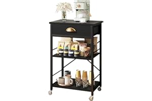 IBUYKE - Estante de cocina para panadería con cajones, soporte para horno de microondas de 3 niveles con almacenamiento, mesa de barra de café con ruedas, estante ajustable, montaje simple, negro