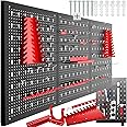 tectake® 3-Panel Pegboard, incl. Hooks & Holders, Wall-Mounted Tool Organiser with Universal Hole Spacing & Easy, Flexible Installation, Space-Saving Tool Storage Organiser for Garage, Shed & Workshop