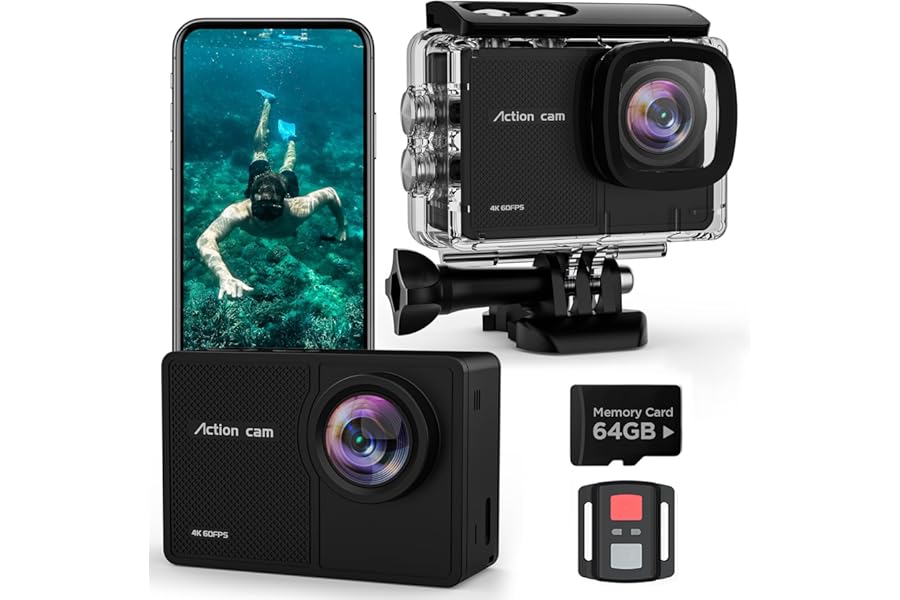 TIMNUT 4K 60FPS Action Cam, 40M Underwater Camera with 64 GB SD Card, 48 MP HD WIFI Camcorder with Remote Control, EIS Underwater Camera, 2 x 1350 mAh Batteries and Accessories by Montagg