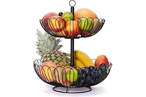 Chefarone Alzatina Portafrutta 2 Piani in Metallo Nero – Cestino Elegante Vintage da Tavolo per Frutta e Verdura – Centrotavola Decorativo per Cucina e Sala da Pranzo
