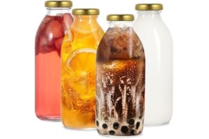 LIMILI Glass Bottles with Lids, 4PCS Glass Milk Bottles with Lids 500ml Clear Glass Drinking Bottles Juice Bottles Smoothie Reusable Milk Bottles for Protein Prep, Fridge and Dishwasher Safe