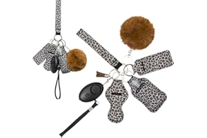 REZIME Keyring Keychain Set for Women Girls with Personal Alarm, Lipstick Holder, Travel Bottle, Bottle Holder, Pom Pom, Tassel and Wristlet, Alarm with Flashlight (Brown)
