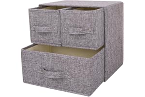 YINGGG Fabric Storage Box Storage Bins with Handle Drawer Organiser with Lid Folding Storage Bins Box Containers for Socks, Underwear, Bras, Ties, Scarves (Grey, 1 big + 2 small drawers)