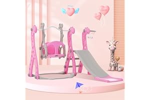 Merax 4-in-1 Multifunctional Toddler Slide with Swing Set, Kids Slide with Swing, Climber and Basketball Hoop, Large Toddler Slide for Indoor & Outdoor (Barbie Pink)