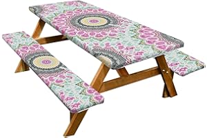 Tuxxjzm Mesa de picnic con fundas de banco, mesa de camping, mantel ajustable impermeable con bordes elásticos para mesas y asientos, 182 x 76 cm
