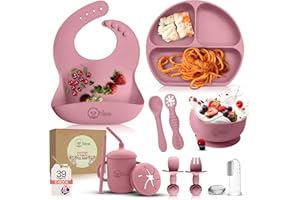 o'doe 11-teiliges Silikon-Babyfütterungsset – Baby-LED-Entwöhnungszubehör mit Saugplatten für Kleinkinder, Babyteller- und Schüsselset | Rosa, V1
