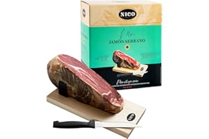 NICO JAMONES MINI JAMBON SERRANO avec mini griffe et couteau. Aprox. 1 kg. Plus de 9 mois d'affinage. Authentique Serrano.