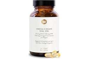 ‎SUNDAY NATURAL SUNDAY NATURAL® Omega 3 Vegan - 120 Softgel Kapseln - 1.000 mg Algenöl pro Tagesdosis: 350 mg DHA und 180 mg EPA - Leicht schluckbare Omega 3 Kapseln hochdosiert - Laborgeprüft