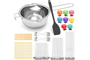 YVGOOV Make Your Own Candles Accessories Melting Pot and 100 Pieces Candle Wicks for Candles with 8 Candle Colours, 2 Metal Wick Holders, 100 Wick Stickers for Candles Casting Set (600 ml Silver)