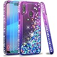 LeYi Huawei P20 Lite Case with Tempered Glass [2 Pack], Liquid Glitter Transparent 3D TPU Silicone Shockproof Kawaii Diamond Protection Case for Huawei P20 Lite/Nova 3e Purple Blue