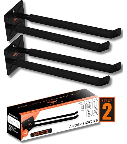 Hiceeden 2-Pack Heavy Duty Wall Mount Ladder Hooks – Garage Storage Bracket For Wheelbarrow, Ladders, Shovels – Matte Black, 50lb Capacity, Space-Saving