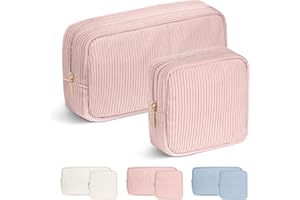 Aucuu Mała kosmetyczka dla kobiet, sztruksowa kosmetyczka, podróżna torba na kosmetyki z metalowym zamkiem błyskawicznym i przegródkami, wielofunkcyjna kosmetyczka, #4 Różowy-2 szt, Jednokolorowy