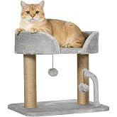 PawHut Small Cat Scratching Tree Height 42 cm with Light Grey Nest | Cat Tree, Hanging Balls, Sisal Poles, 48 x 38 x 42 cm