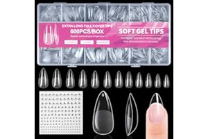 BUTBU Medium Almond Nail Tips, 600Pcs Soft Gel Full Cover Nail-Tips, Press on Fase Artificial Nails Tips, Clear Acrylic Nails Tips, 12 Sizes NAIL Extensions Kit for DIY Manicure Nail Art Salon
