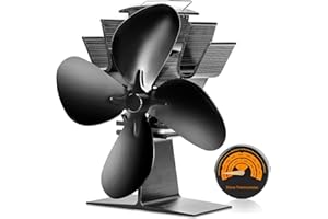 CWLAKON Wood Stove Fan-Upgrade Designed Silent Operation 4 Blades with Stove Thermometer for Wood/Log Burner/Fireplace-Eco Friendly and Efficient Heat Distribution(Black)