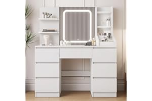 TRIUMPHKEY Toeletta da Trucco con Luci LED,Postazione Trucco,Toletta con Specchio,Tavolo da Trucco on 4 Ripiani,7 Cassetti e 3 Scomparti Aperti,Moderna Bianco