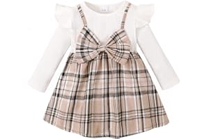 puseky Bebé Niña Vestido de Manga Larga Ruffle Plaid Vestido Bowknot Splicing Strap Dress Set Primavera Otoño Vestidos