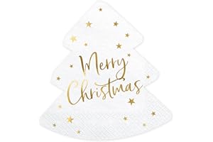 ‎PARTYDECO Servietten Weihnachtsbaum 16x16,5cm Merry Christmas 20 Stück 3-lagig - Serviette Weihnachten Weihnachtszeit - Einweg Papierservietten Weihnachtsservietten - Weiß Gold