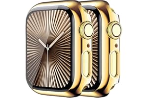 HANKN 2 Stück Hart Hülle für Apple Watch Series 11 10 42mm Temperierte Glas Schutzhülle, Plattiert Bildschirmschutz Gehäuse iWatch Eingebaut Displayschutzfolie, 42 mm Gold+Gold